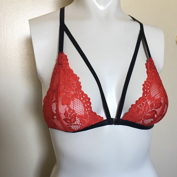 Red Strappy bralette lace front clasp handmade New - Picture 2 of 8
